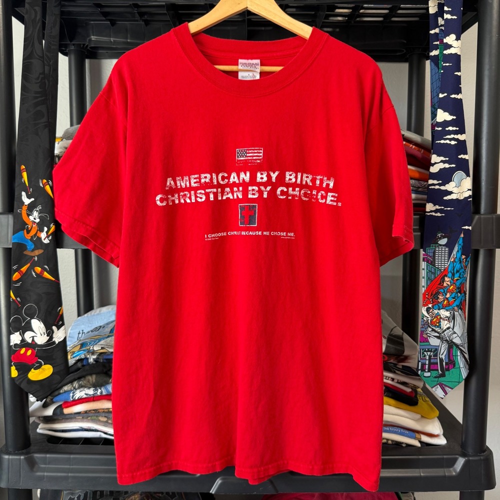 Y2K Red American By Birth Christian By Choice Graphic Tee Size Large